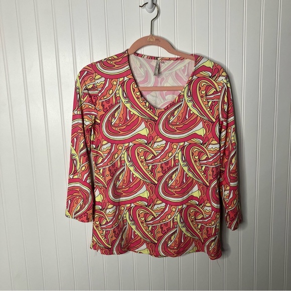 Lulu B Top Small Multicolor Print V-neck 3/4 Sleeve Spring Casual UPF Shirt - Picture 1 of 7